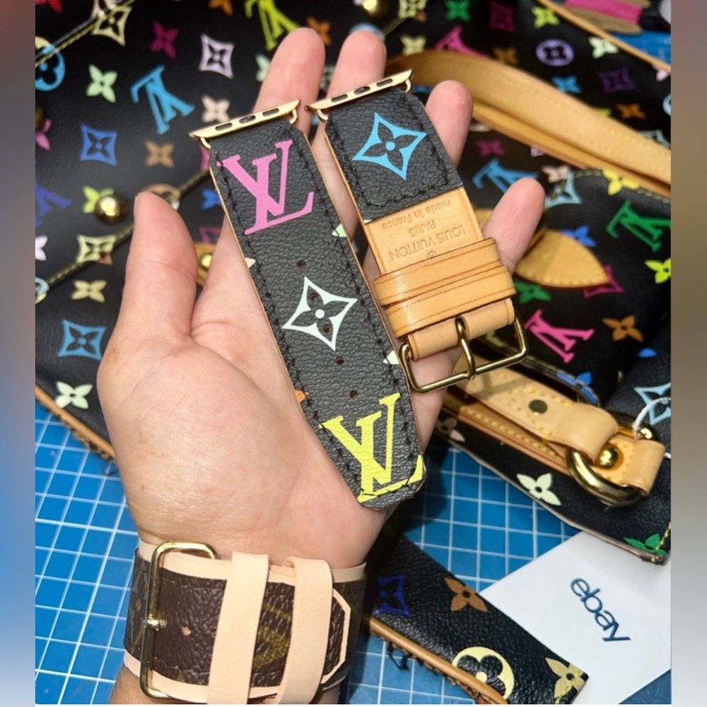 🌷LV Poignant Black Multicolor Apple Watch band strap Handmade upcycled